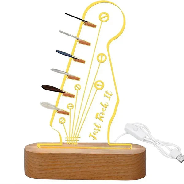 Guitar Pick Holder – LED Illuminated Guitar Pick Display with Wooden Base